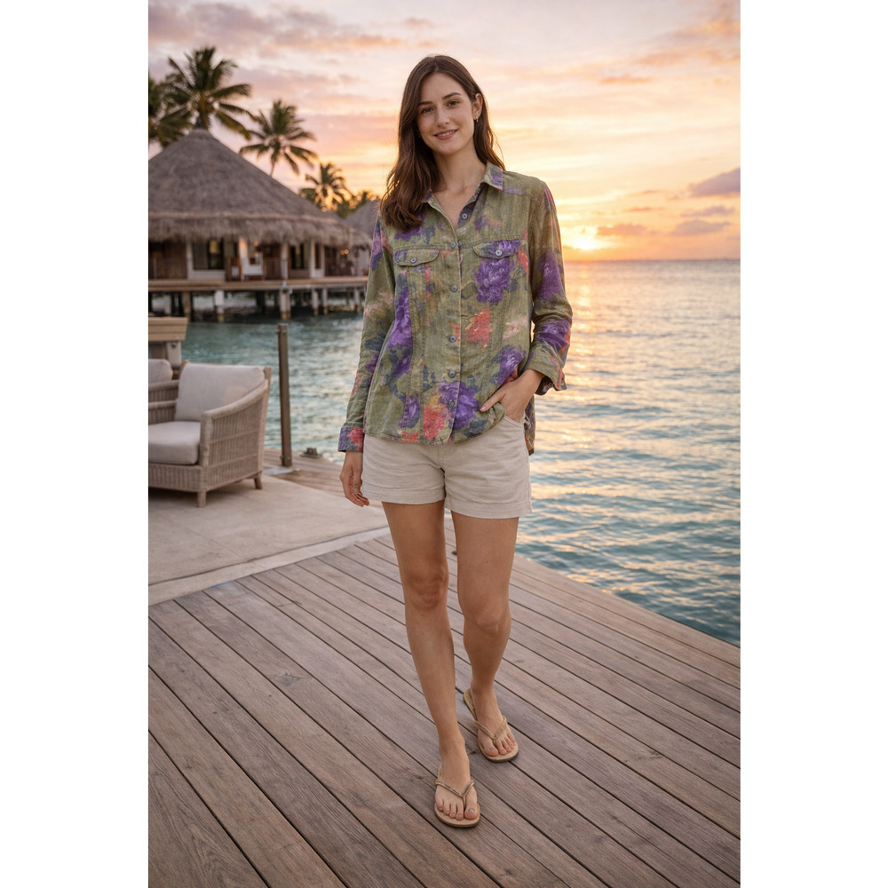 CHICO’S Linen Floral Button Up Long Sleeve Shirt Size 2 USA L